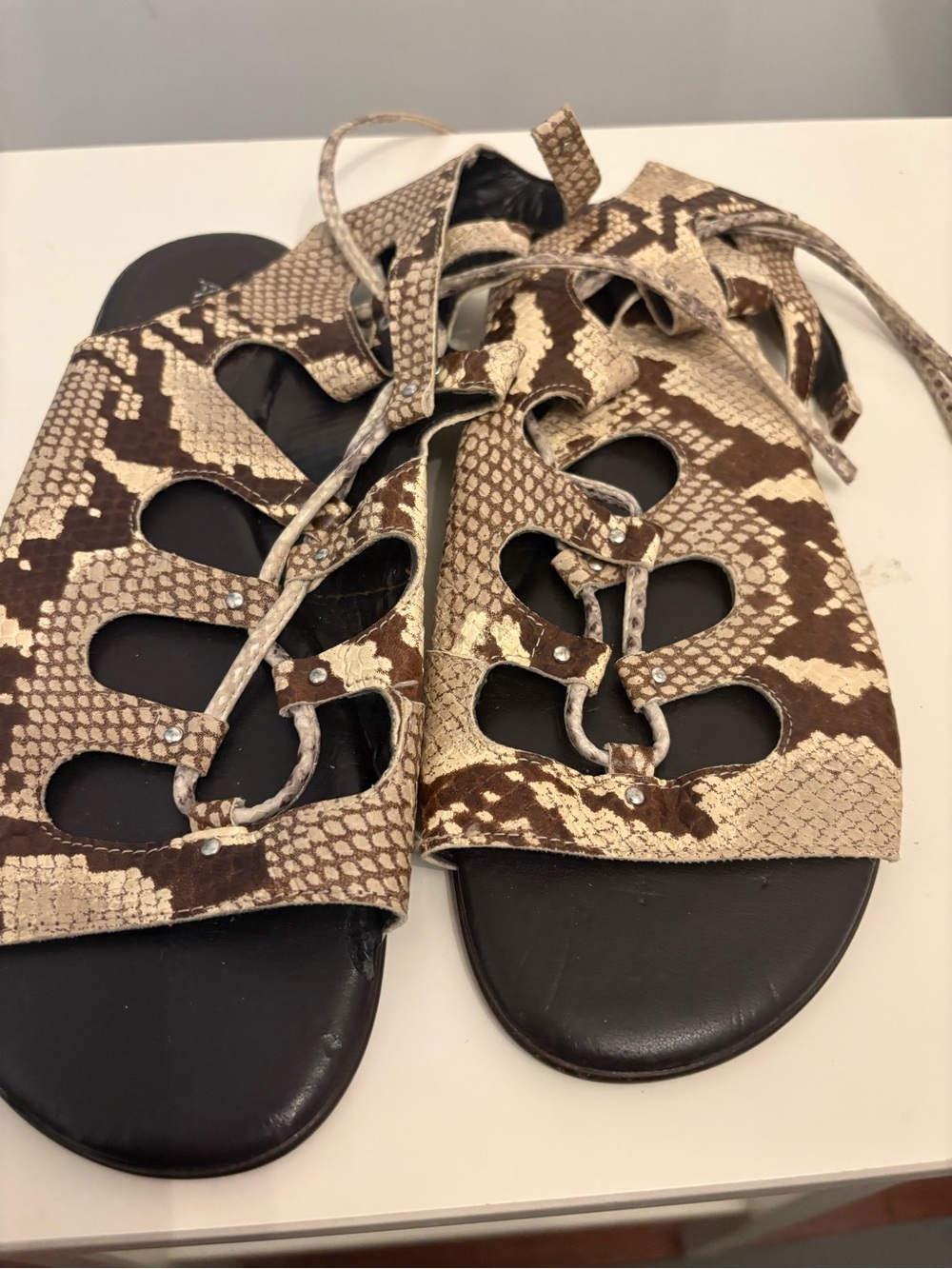 Aldo Snake-Print Lace-Up Sandals in Brown and Cream